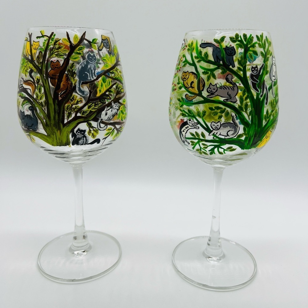 Hand painted Cat and Birds in Tree Wine Glasses